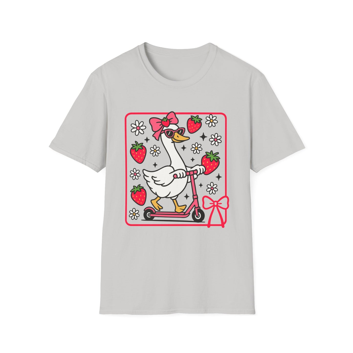 Cute Goose on Scooter T‑Shirt — Strawberry & Bow Graphic Tee