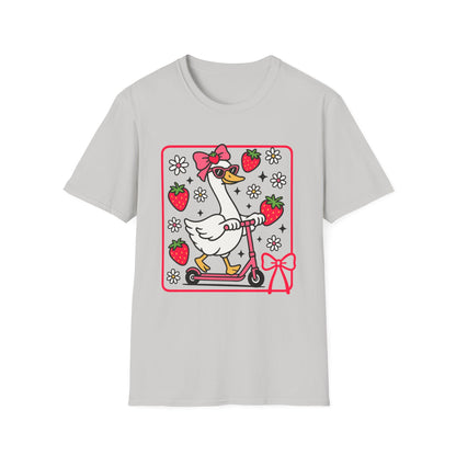Cute Goose on Scooter T‑Shirt — Strawberry & Bow Graphic Tee