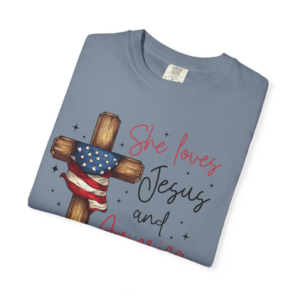 T-Shirt — "She Loves Jesus and America Too" Cross & Flag Faith Patriotic Tee
