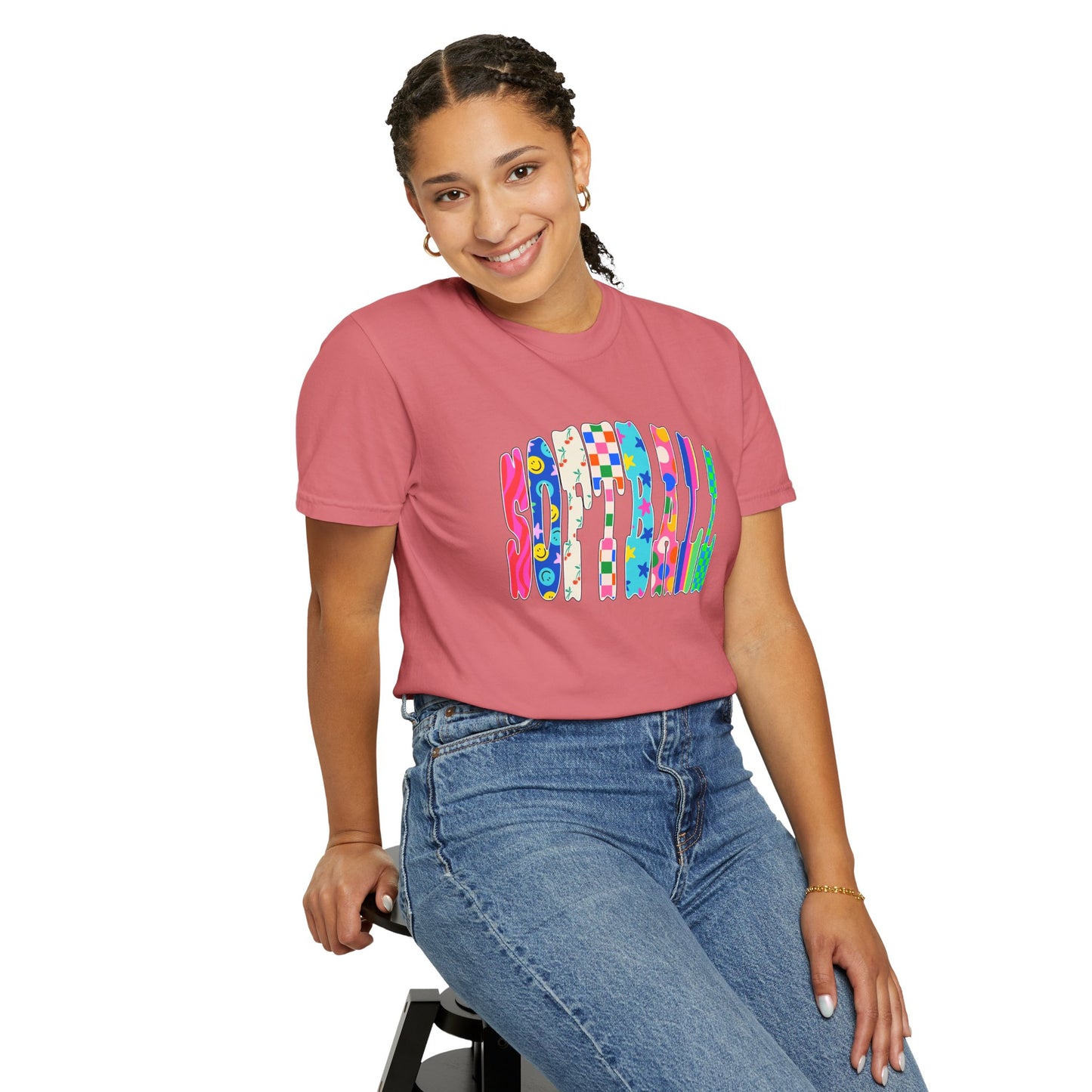 Smile Block Graphic T-Shirt — Colorful Patterned 'SMILE' Design