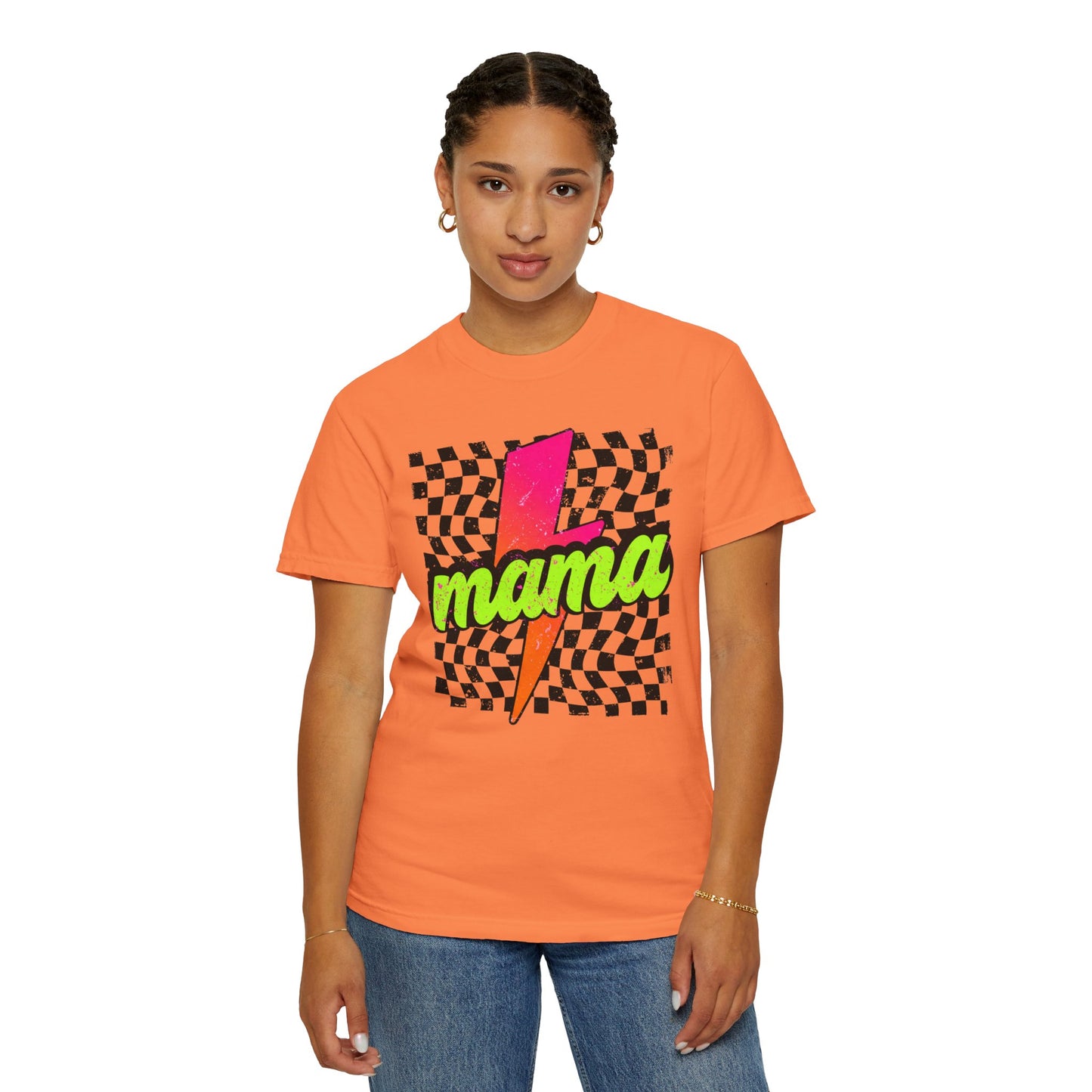 Mama Lightning Bolt T-Shirt — Retro Neon Checkered Graphic Tee for Moms