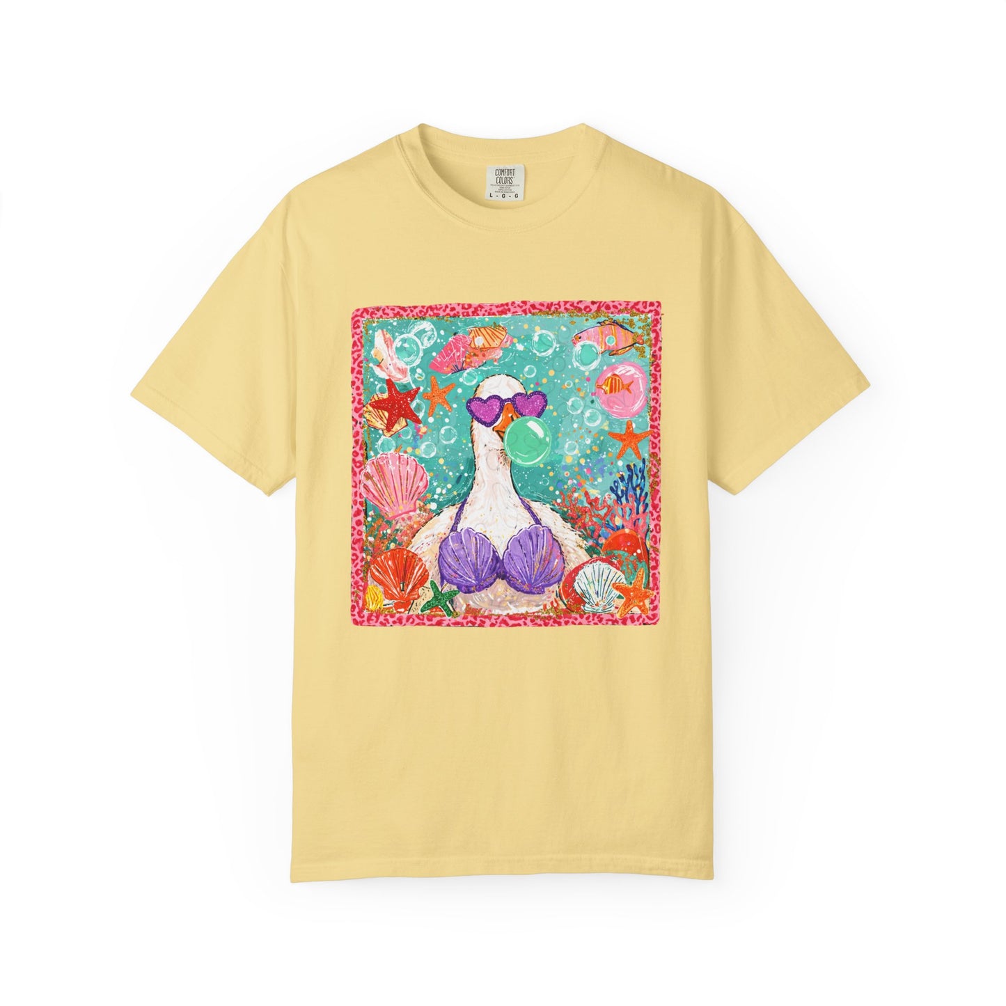 Sea Duck Mermaid T-Shirt — Whimsical Beach Graphic Tee with Sunglasses & Shell Bra
