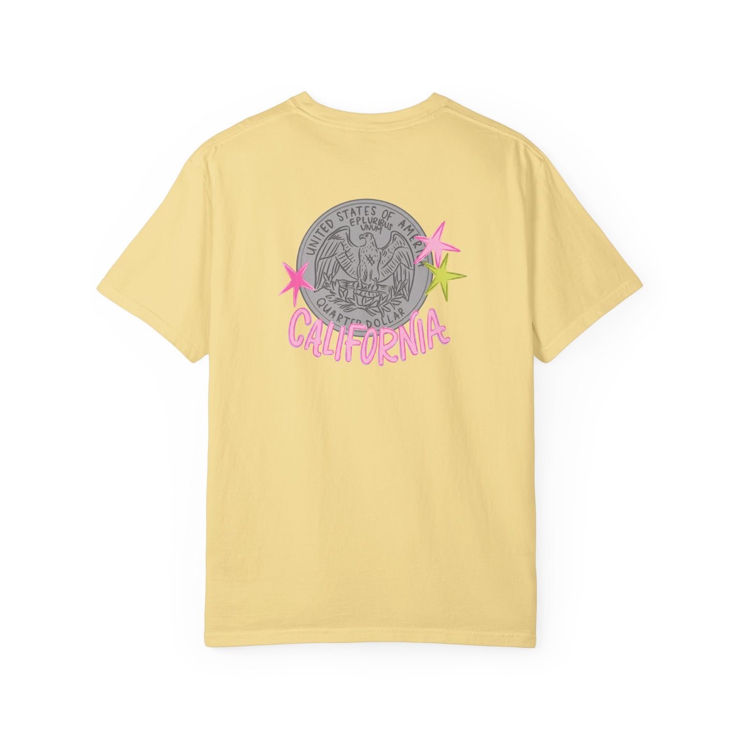 California Coin Graphic Tee — 'California' Retro Neon Stars T-Shirt