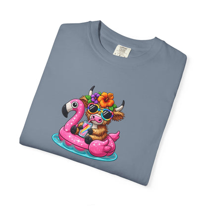 Cute cow on Pink Flamingo Float Graphic T-Shirt — Summer Pool Party Tee