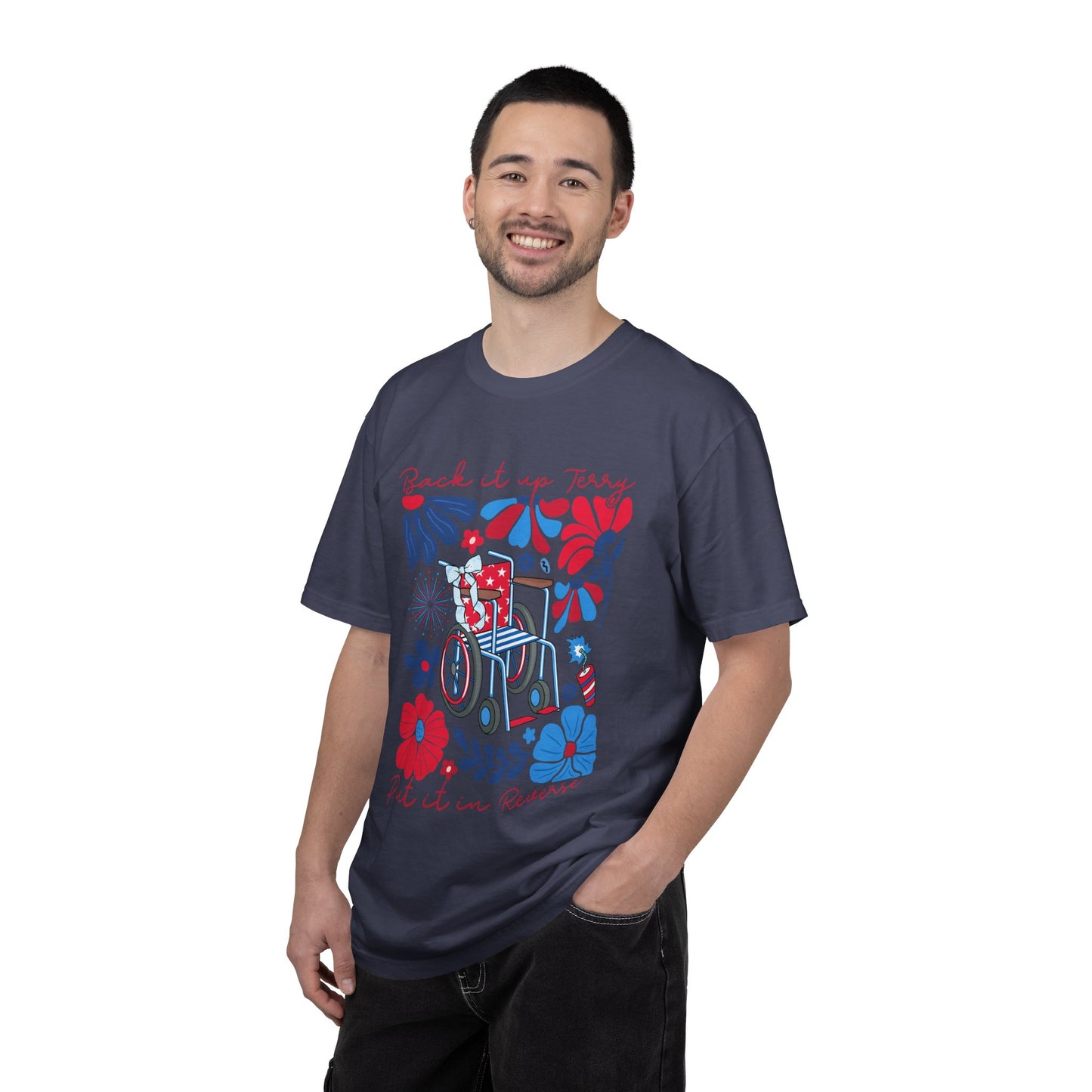 Fourth of July Beach Wheelchair T-Shirt — Patriotic Floral "Pack it up, Jerry" Tee