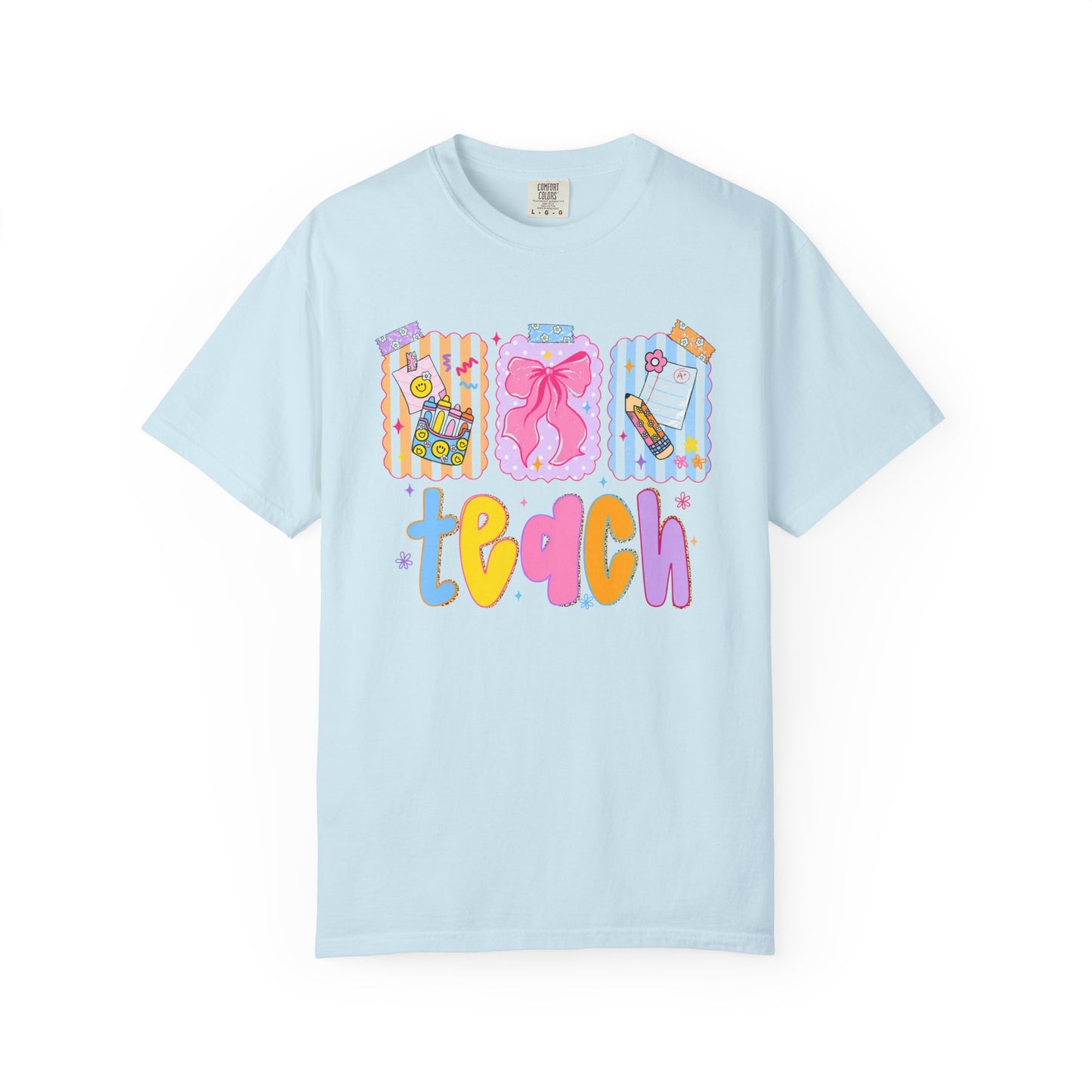 Teacher Gift T‑Shirt — Colorful 'Teach' Classroom Apple & Supplies Design