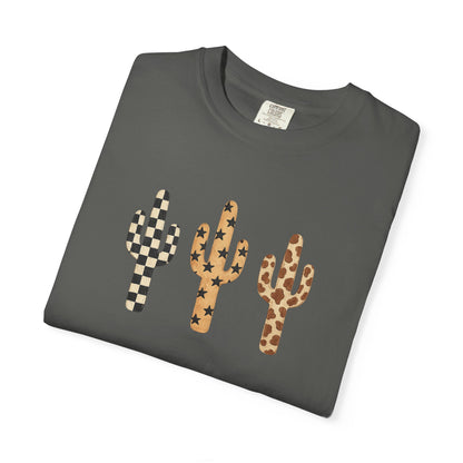 Cactus Trio Graphic T-Shirt — Checkerboard & Leopard Desert Tee