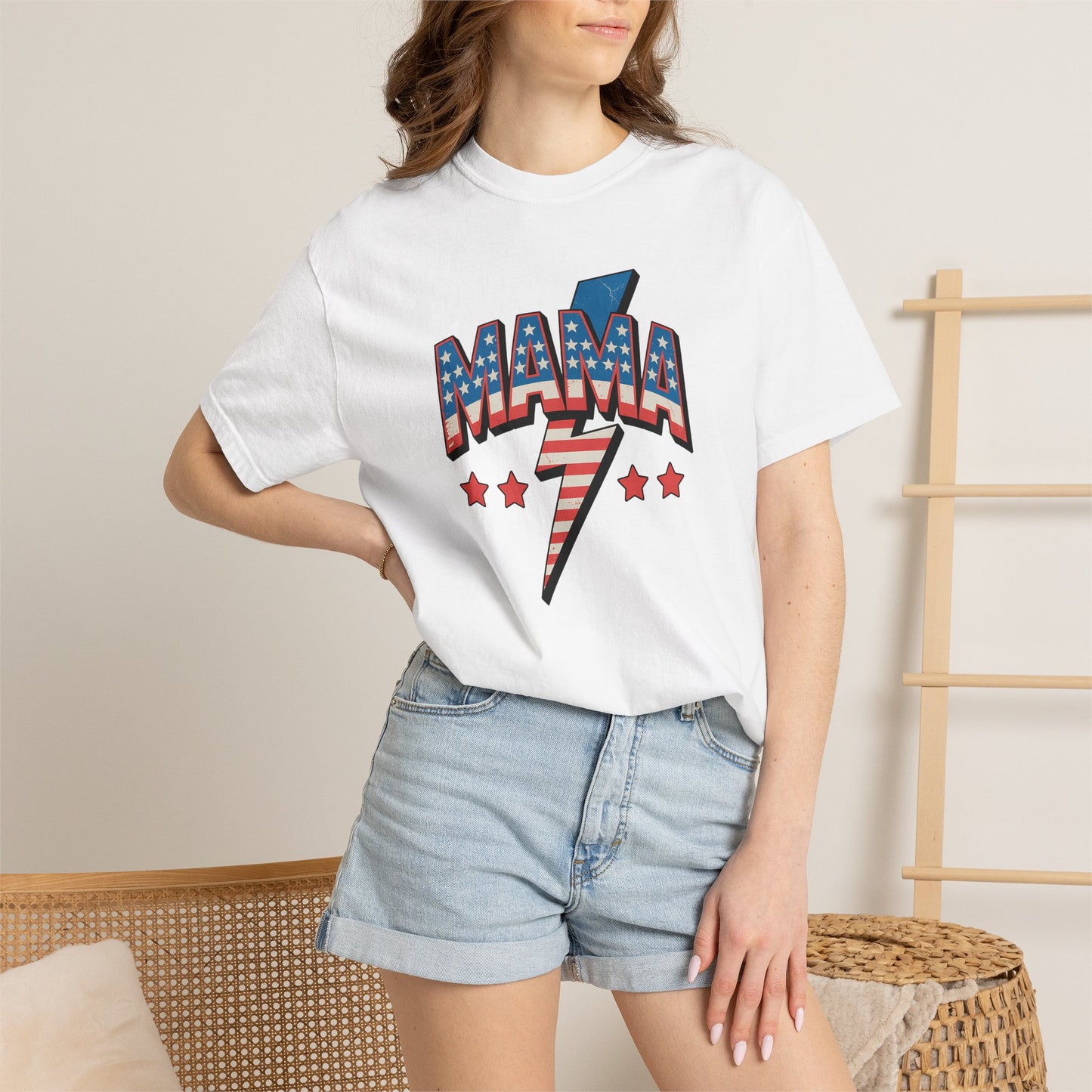 Mama Lightning Bolt Graphic Tee — Patriotic Stars & Stripes Mom T-Shirt
