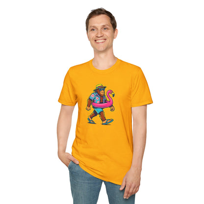 Beach Vacation Bigfoot Tee — Funny Sasquatch with Flamingo Float Shirt