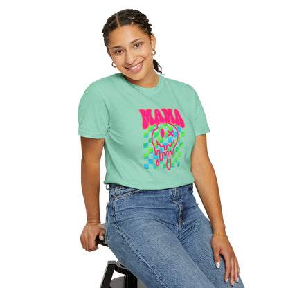 Mama Meltdown Graphic T-Shirt — Neon Checkerboard Drip Design