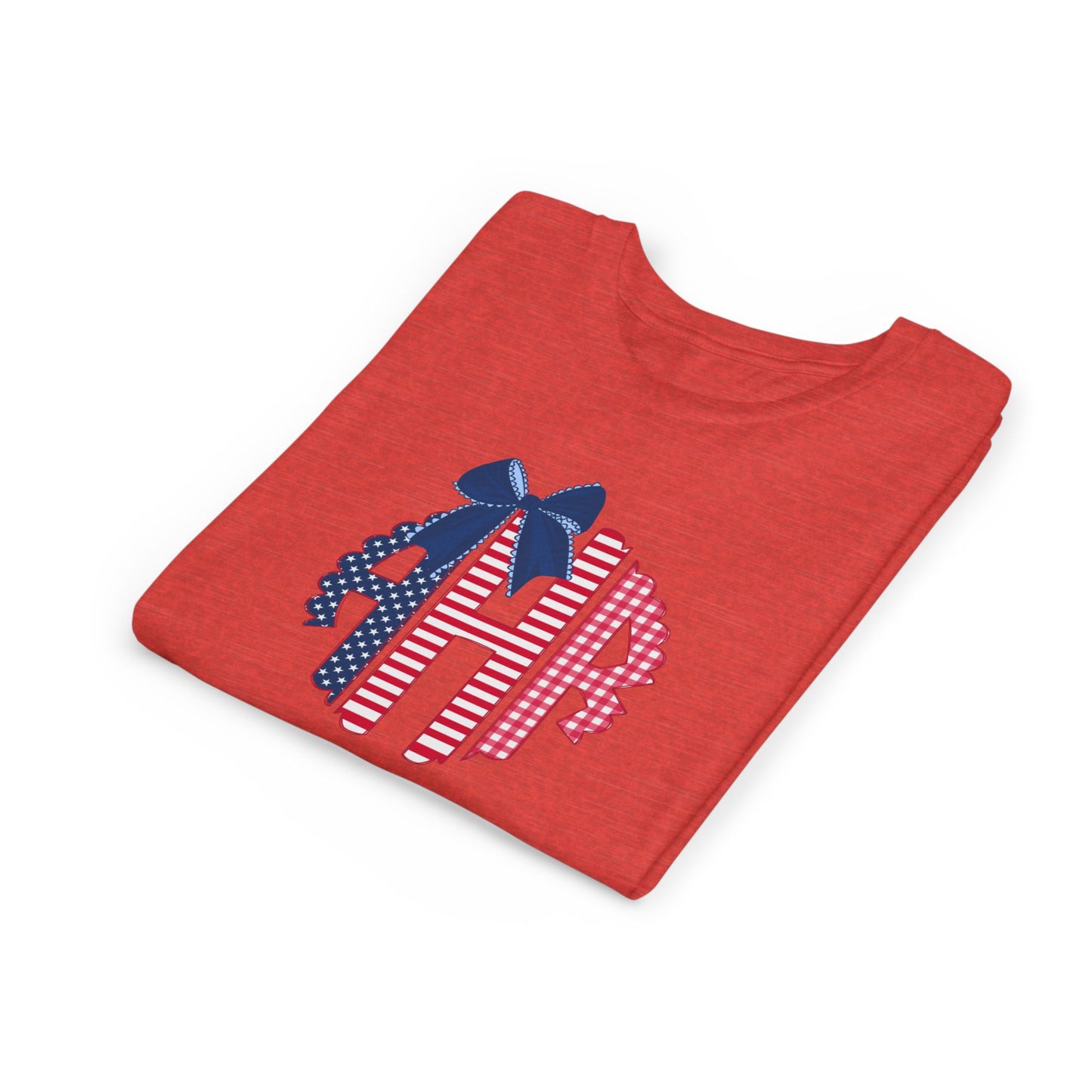 Youth Tee - American Flag Monogram with Bow (Patriotic 4th of July)