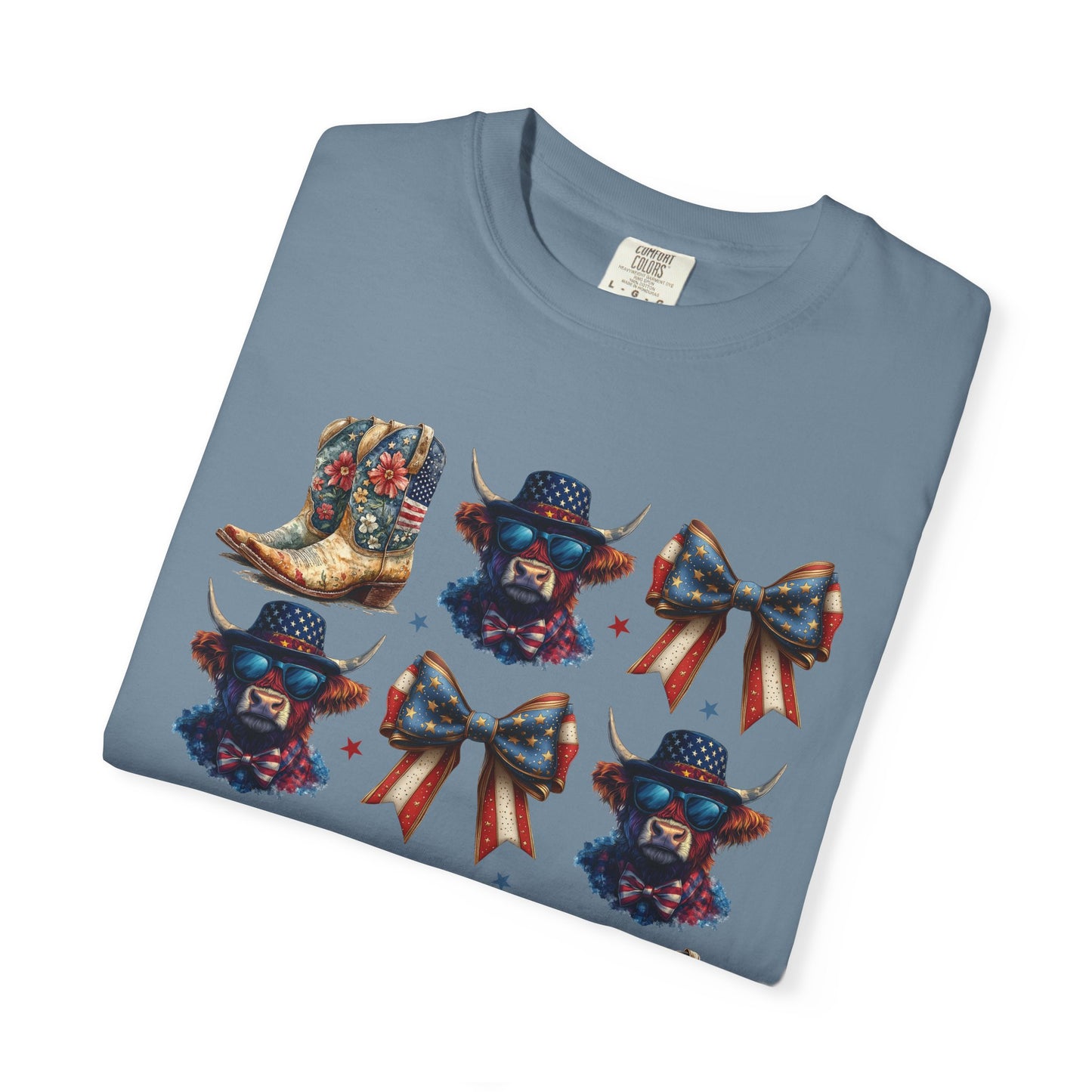 Patriotic Cowboy Icons T-Shirt — Western Boots, Hats & Bows Graphic Tee