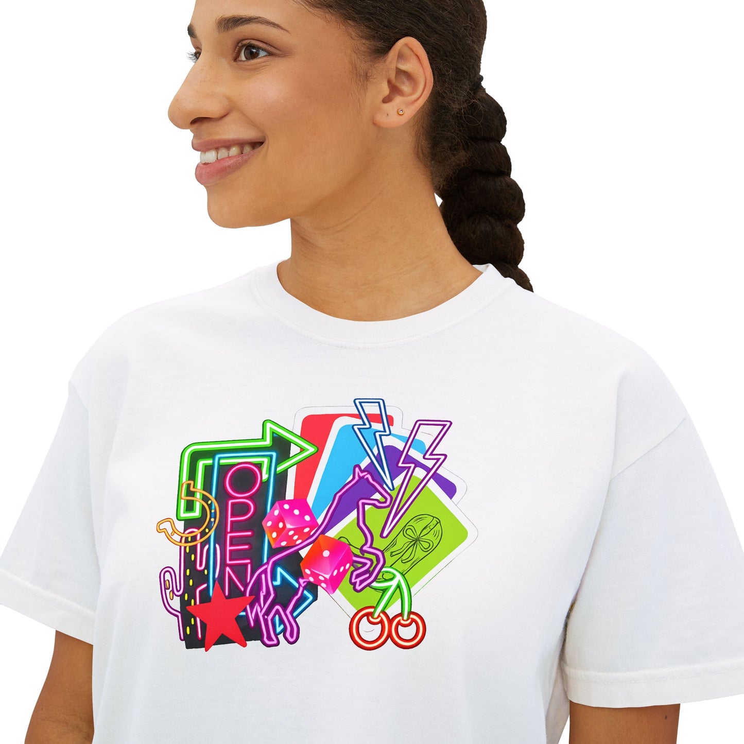 Retro Neon Makeup Graphic Tee — Women's Boxy Tee