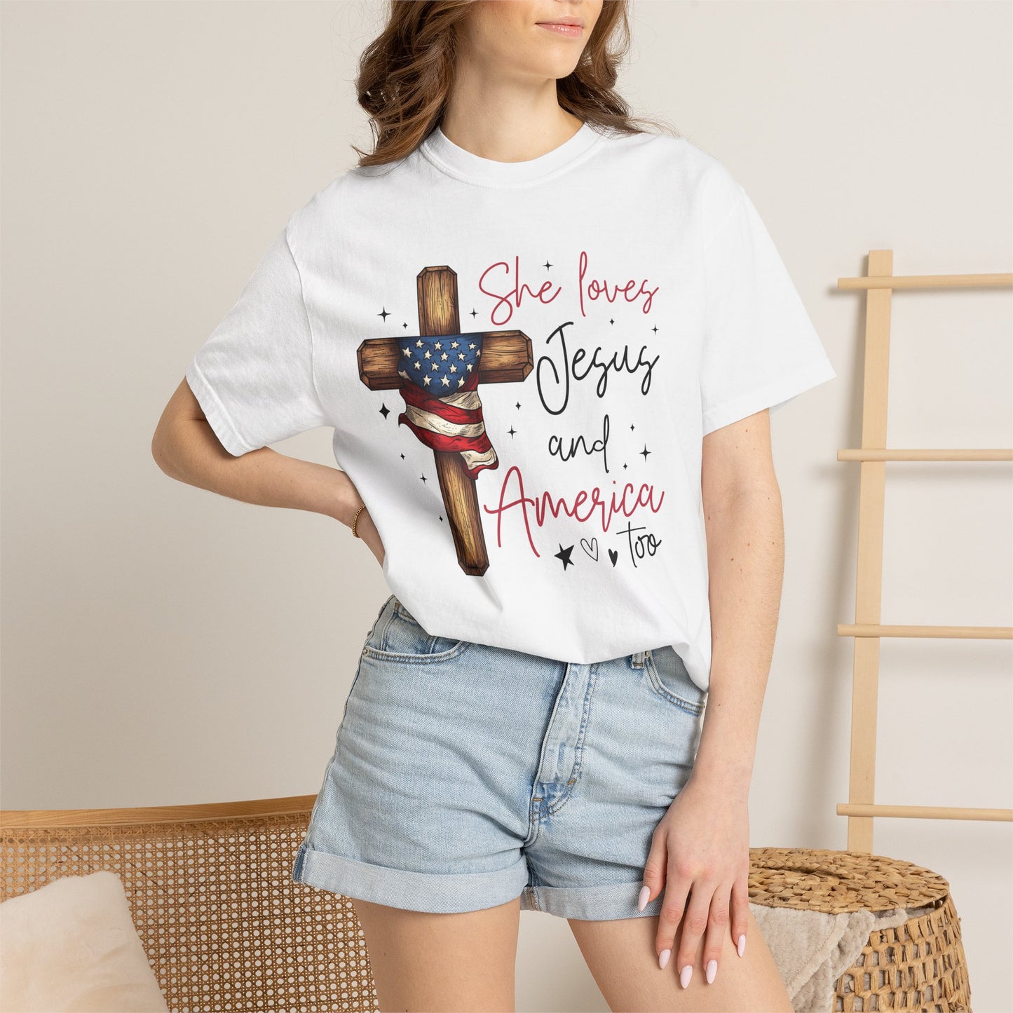 T-Shirt — "She Loves Jesus and America Too" Cross & Flag Faith Patriotic Tee