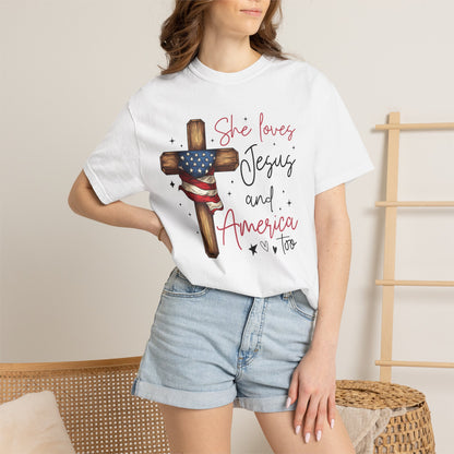 T-Shirt — "She Loves Jesus and America Too" Cross & Flag Faith Patriotic Tee