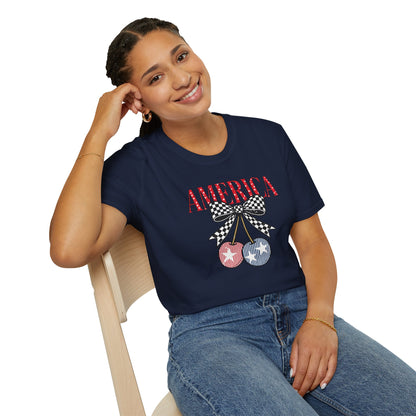 America Cherry Graphic T-Shirt – Patriotic Stars & Stripes Fourth of July Tee