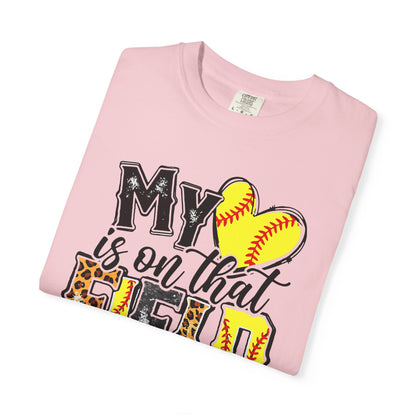 Softball Mom T-Shirt - "My Heart is on That Field" Leopard Stitch Design