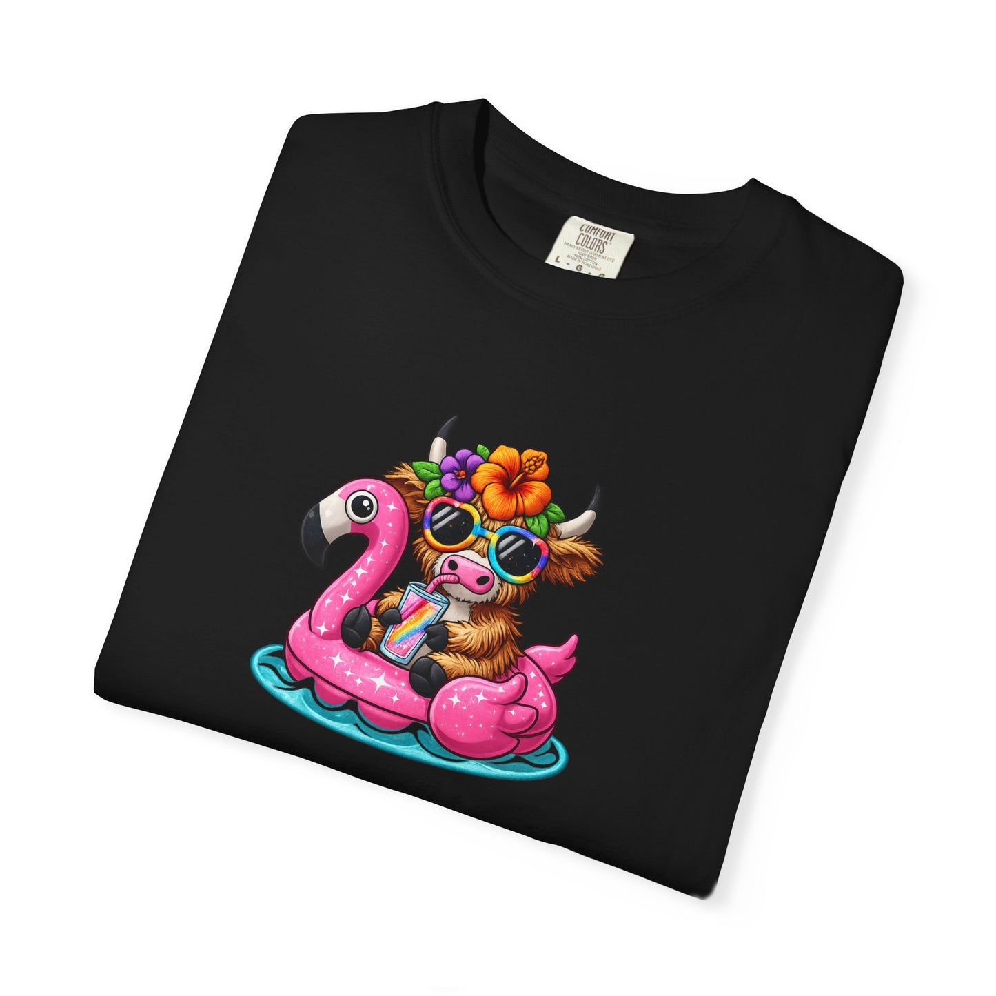 Cute cow on Pink Flamingo Float Graphic T-Shirt — Summer Pool Party Tee