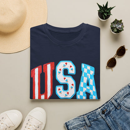 USA Patriotic T-Shirt — Red White & Blue Lettering Tee