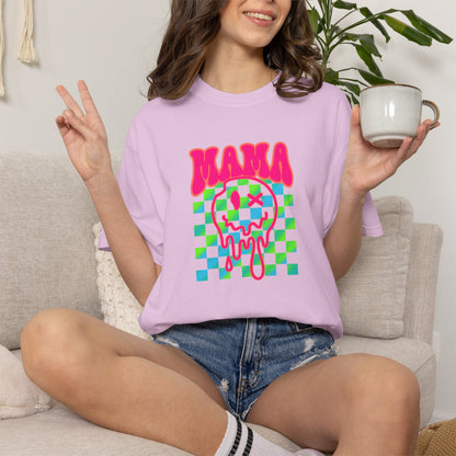 Mama Meltdown Graphic T-Shirt — Neon Checkerboard Drip Design