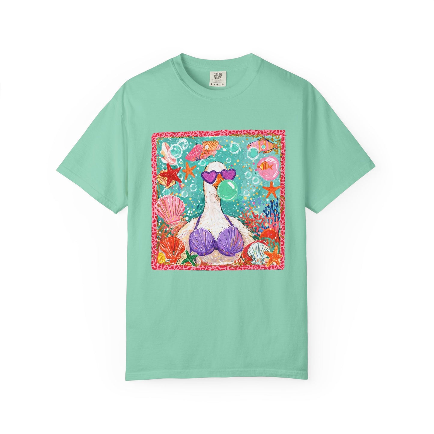 Sea Duck Mermaid T-Shirt — Whimsical Beach Graphic Tee with Sunglasses & Shell Bra