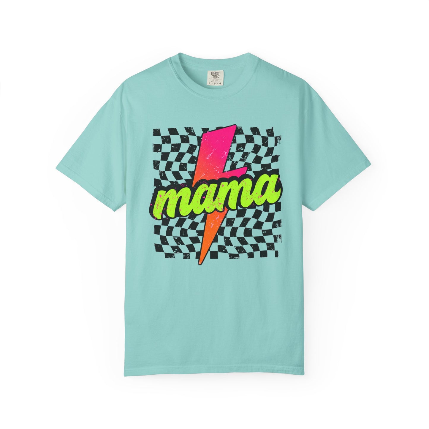 Mama Lightning Bolt T-Shirt — Retro Neon Checkered Graphic Tee for Moms