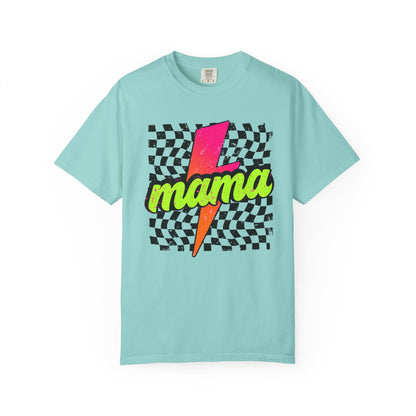 Mama Lightning Bolt T-Shirt — Retro Neon Checkered Graphic Tee for Moms