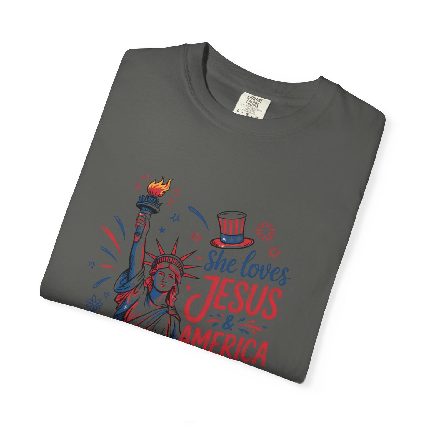 She Loves Jesus & America Tee — Patriotic Statue of Liberty Christian T-Shirt