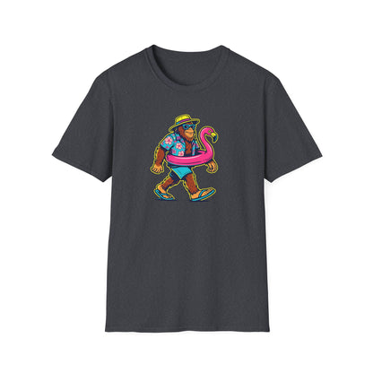 Beach Vacation Bigfoot Tee — Funny Sasquatch with Flamingo Float Shirt