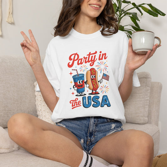 Party in the USA T-Shirt — Patriotic Hot Dog & Soda 4th of July Tee
