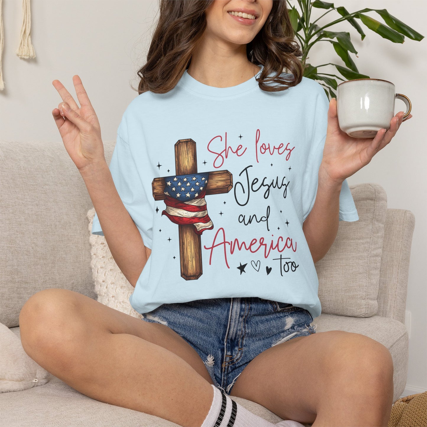 T-Shirt — "She Loves Jesus and America Too" Cross & Flag Faith Patriotic Tee