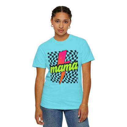 Mama Lightning Bolt T-Shirt — Retro Neon Checkered Graphic Tee for Moms