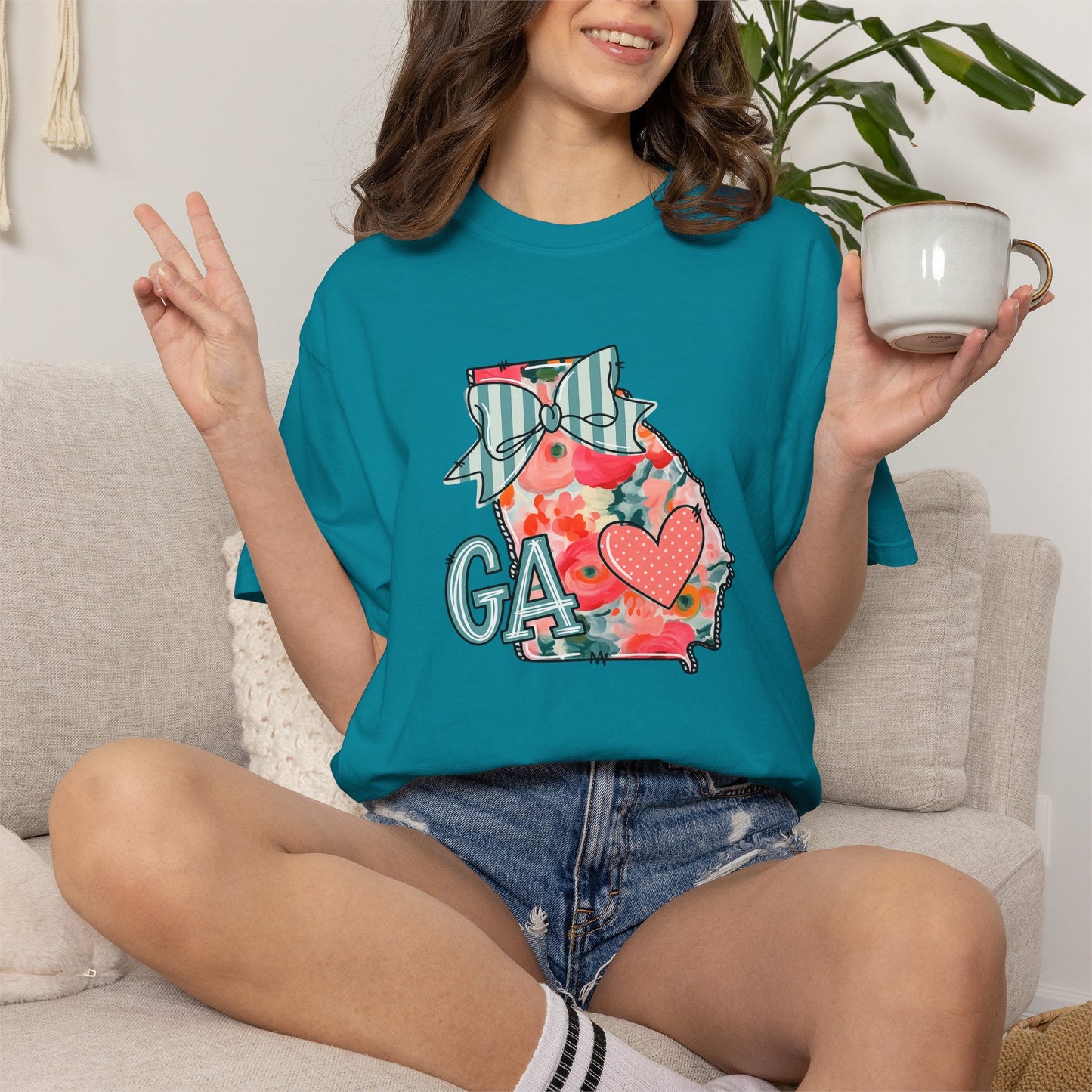 Georgia Floral State T-Shirt — GA Heart Bow Design
