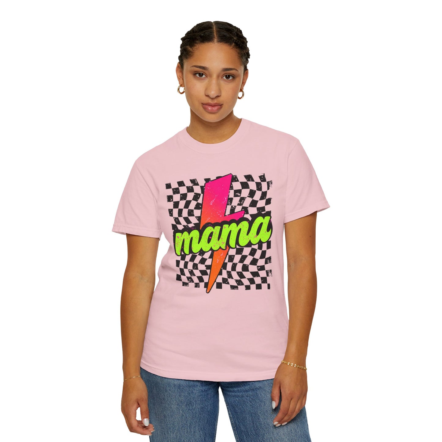 Mama Lightning Bolt T-Shirt — Retro Neon Checkered Graphic Tee for Moms