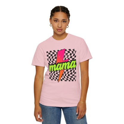 Mama Lightning Bolt T-Shirt — Retro Neon Checkered Graphic Tee for Moms