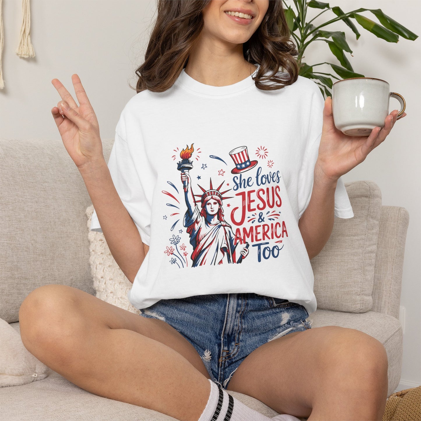 She Loves Jesus & America Tee — Patriotic Statue of Liberty Christian T-Shirt