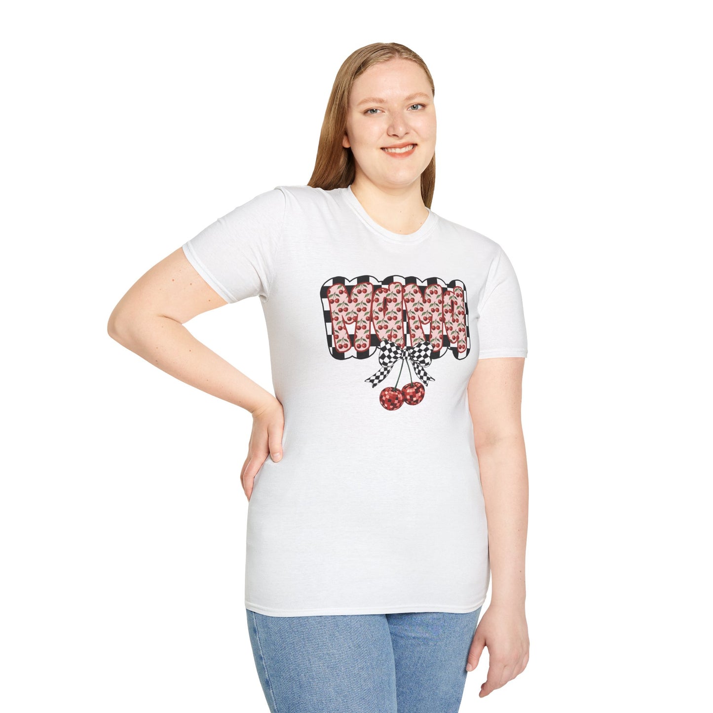 Cherry Pattern Graphic T-Shirt — Checker Bow & Double Cherries Design