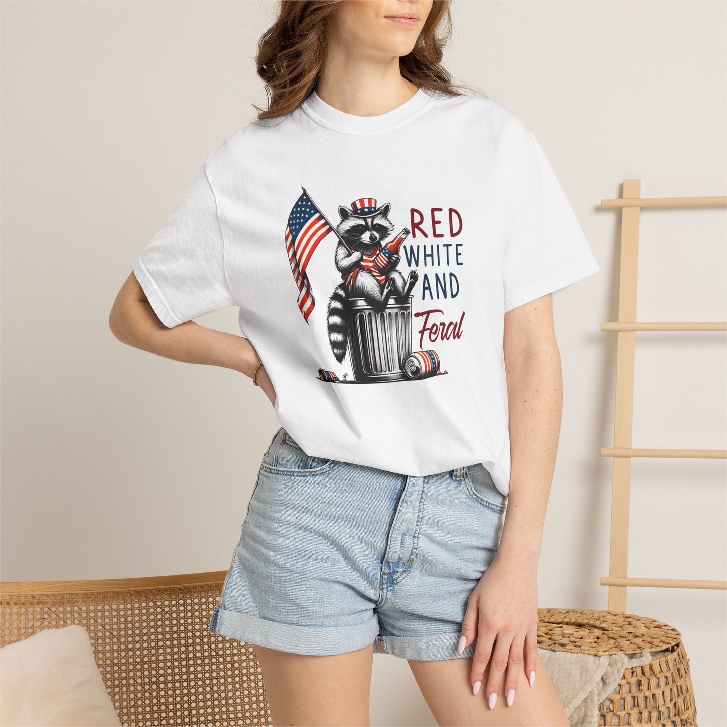 T-Shirt — 'Red, White and Feral' Raccoon American Flag Graphic