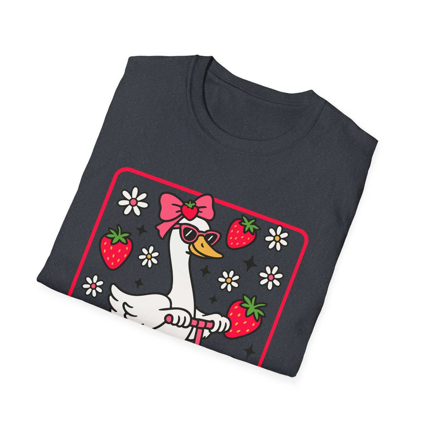 Cute Goose on Scooter T‑Shirt — Strawberry & Bow Graphic Tee