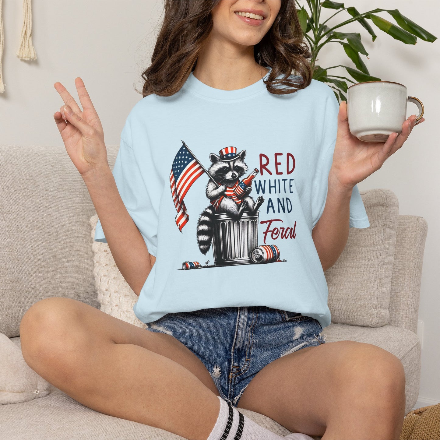 T-Shirt — 'Red, White and Feral' Raccoon American Flag Graphic