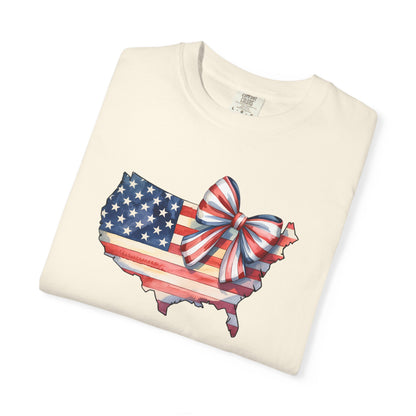 USA Flag Map T‑Shirt with Patriotic Bow — Fourth of July American Pride Tee