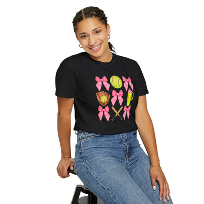 Softball Mom Graphic T‑Shirt — Pink Bows, Glove & Bat Design
