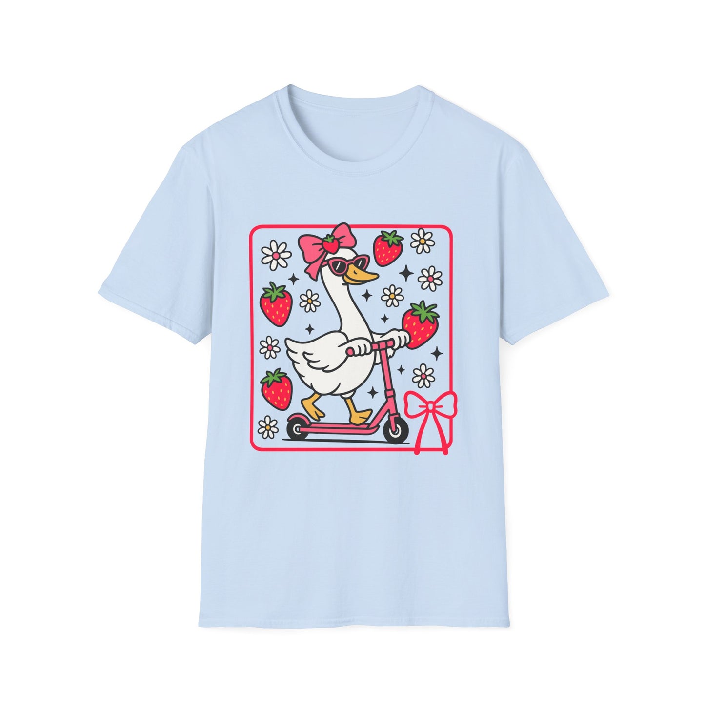 Cute Goose on Scooter T‑Shirt — Strawberry & Bow Graphic Tee