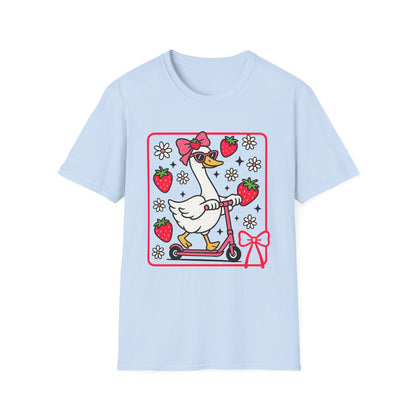 Cute Goose on Scooter T‑Shirt — Strawberry & Bow Graphic Tee