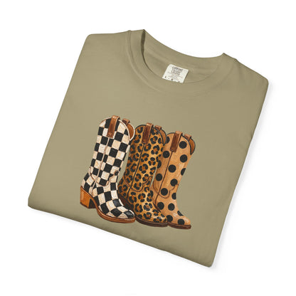 Cowgirl Boots Graphic T-Shirt — Checker & Leopard Print Western Tee