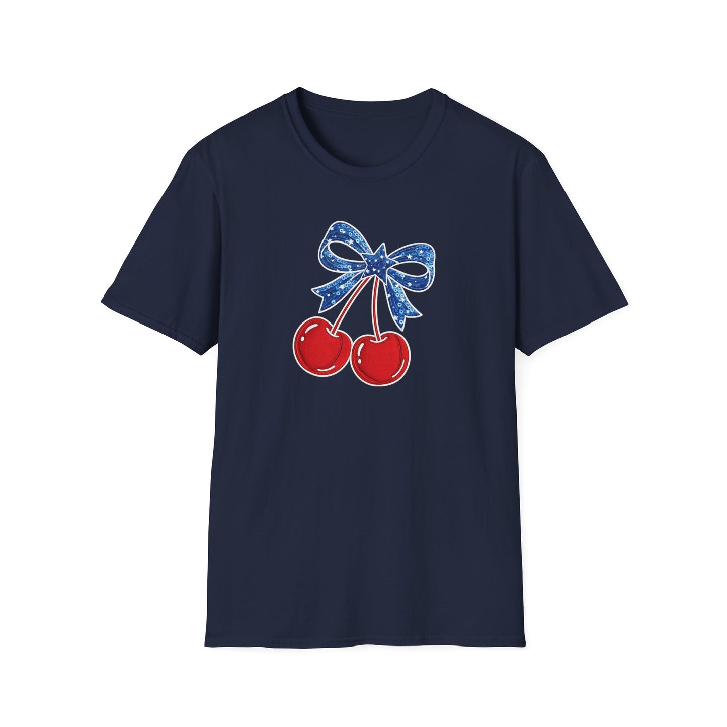 Cherry Graphic T-Shirt — Vintage Red Cherries with Blue Bow