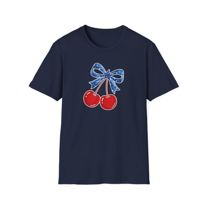 Cherry Graphic T-Shirt — Vintage Red Cherries with Blue Bow