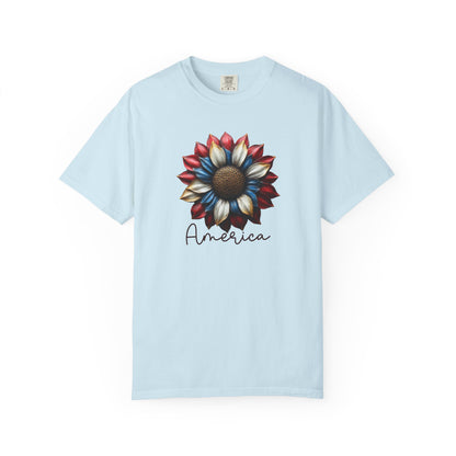 America Sunflower T-Shirt — Patriotic Red White Blue Floral Tee