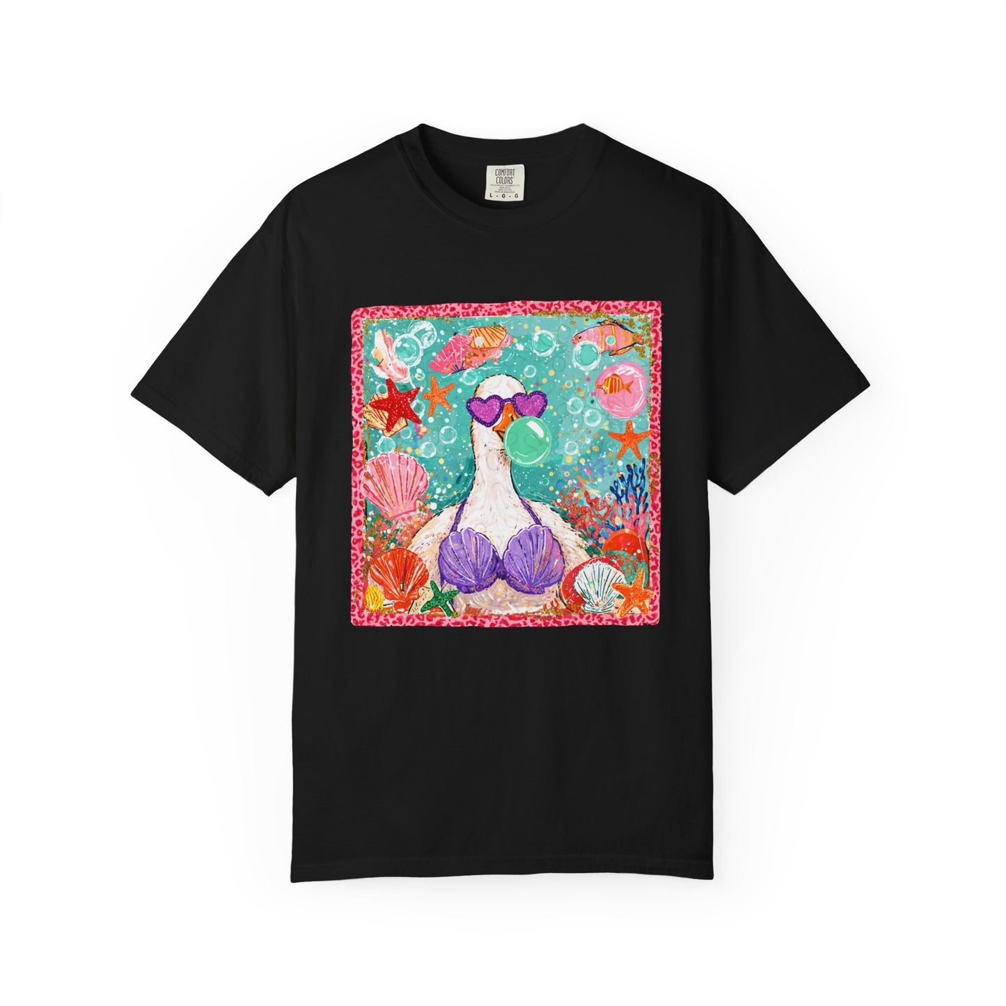 Sea Duck Mermaid T-Shirt — Whimsical Beach Graphic Tee with Sunglasses & Shell Bra