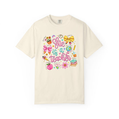 Teacher T-Shirt — "She is a Teacher" Cute School Supplies Design